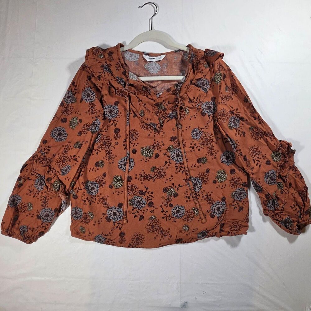 Sonoma Goods For Life Tunic Blouse Womens M Orange Floral Boho Long Sleeve
